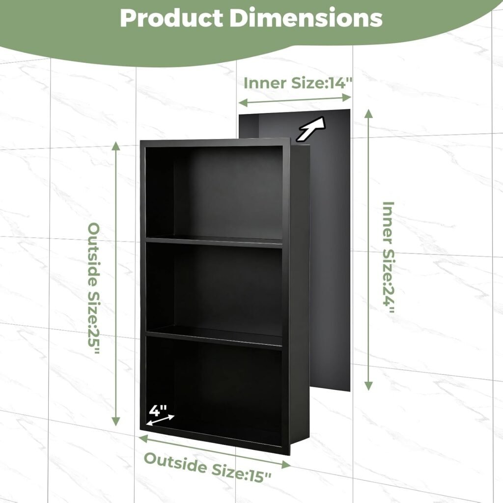 14x24 Recessed Medicine Cabinet — black stainless steel 3‑shelf open wall niche in bathroom