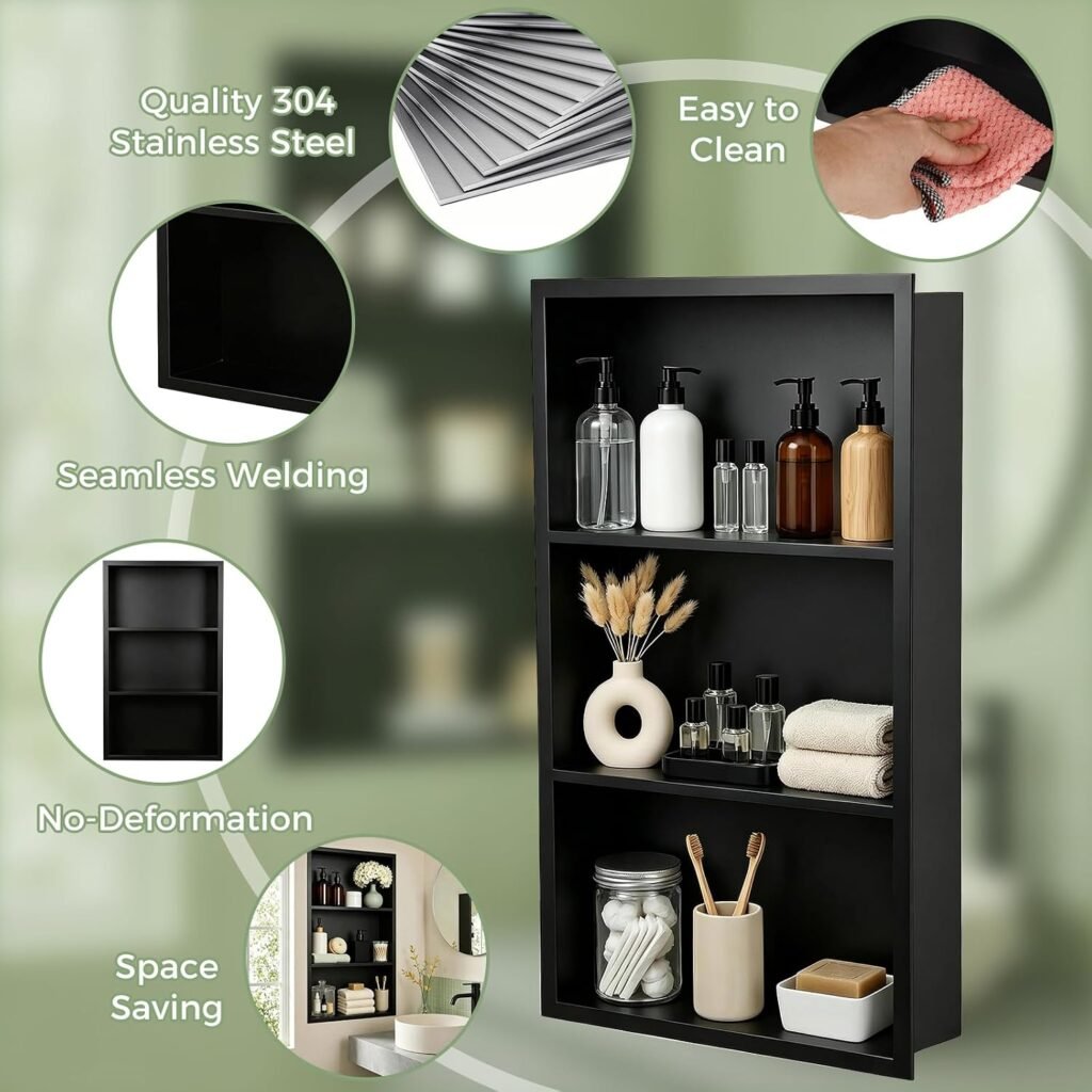 14x24 Recessed Medicine Cabinet — black stainless steel 3‑shelf open wall niche in bathroom