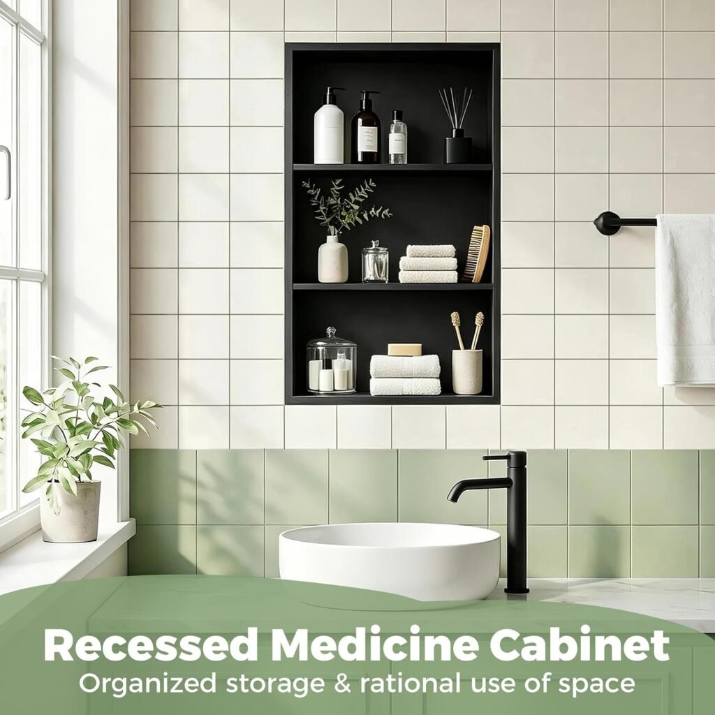 14x24 Recessed Medicine Cabinet — black stainless steel 3‑shelf open wall niche in bathroom