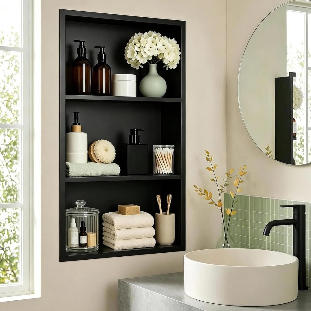 14x24 Recessed Medicine Cabinet — black stainless steel 3‑shelf open wall niche in bathroom
