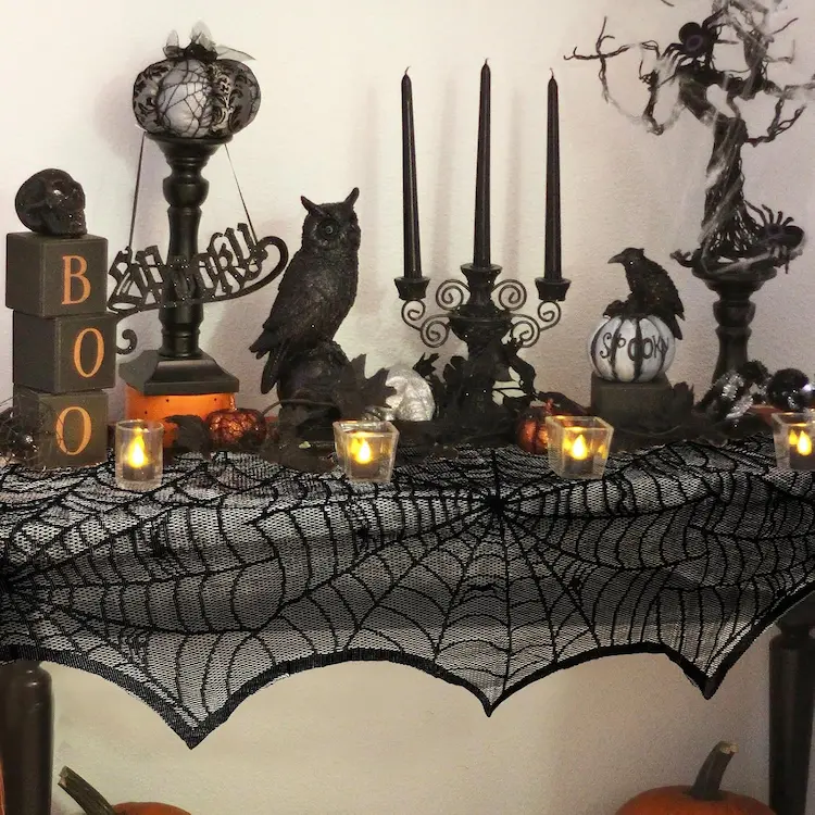 AerWo Halloween Black Lace Spiderweb Mantel Scarf