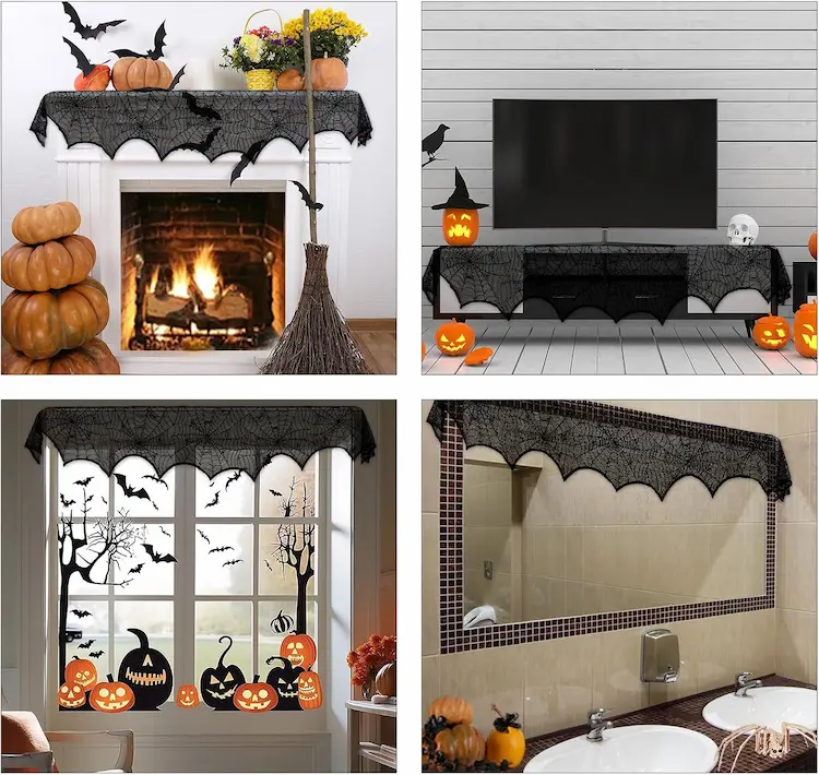 AerWo Halloween Black Lace Spiderweb Mantel Scarf