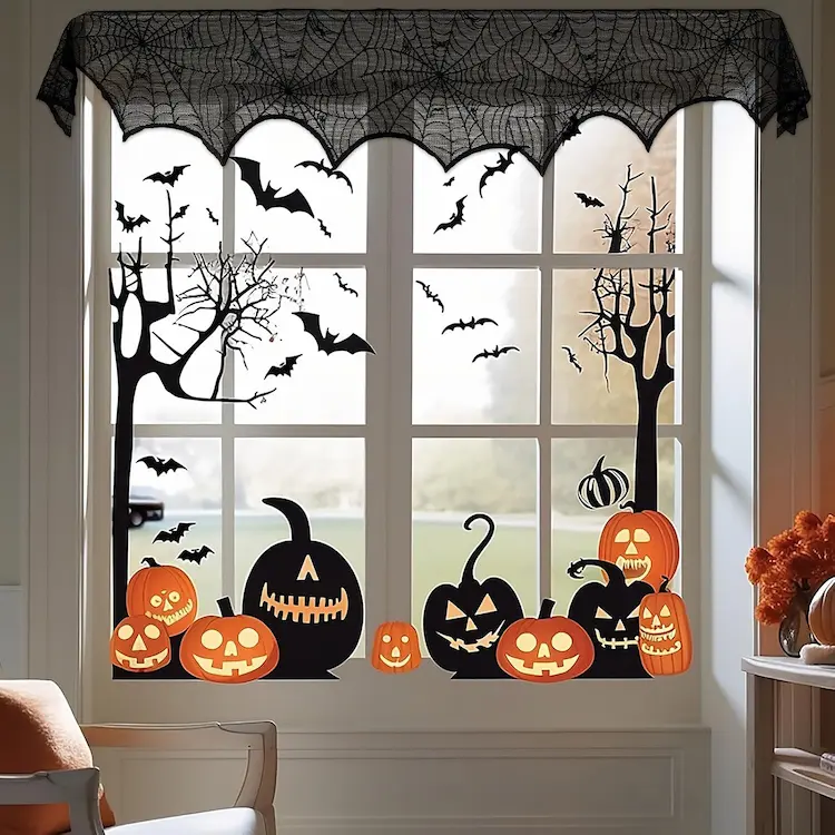 AerWo Halloween Black Lace Spiderweb Mantel Scarf