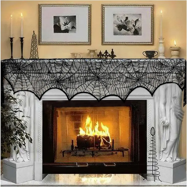 AerWo Halloween Black Lace Spiderweb Mantel Scarf