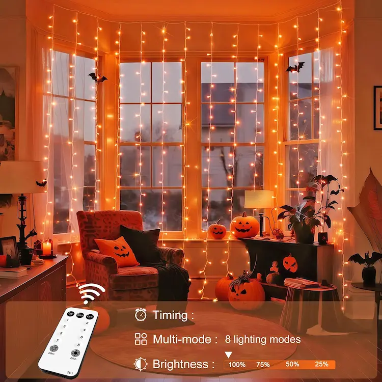 JMEXSUSS 300LED Orange Halloween Curtain Lights 