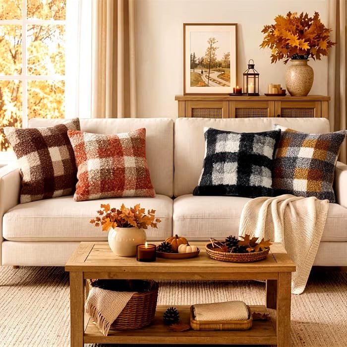 Best MIULEE Fall Plaid Pillow Covers Boucle Khaki White on Minimalist Sofa